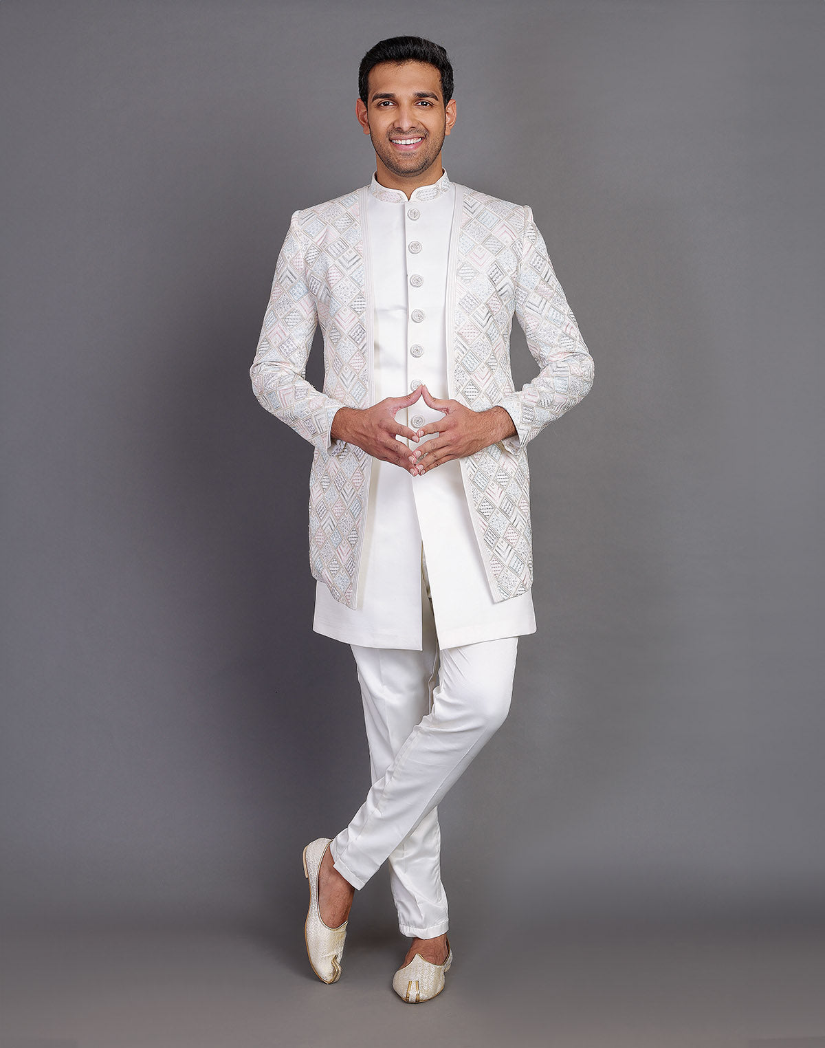 Collection of Multi Thread Embroidery Work Satin Cream Coloured Indo Open Jacket Style in a gallery layout