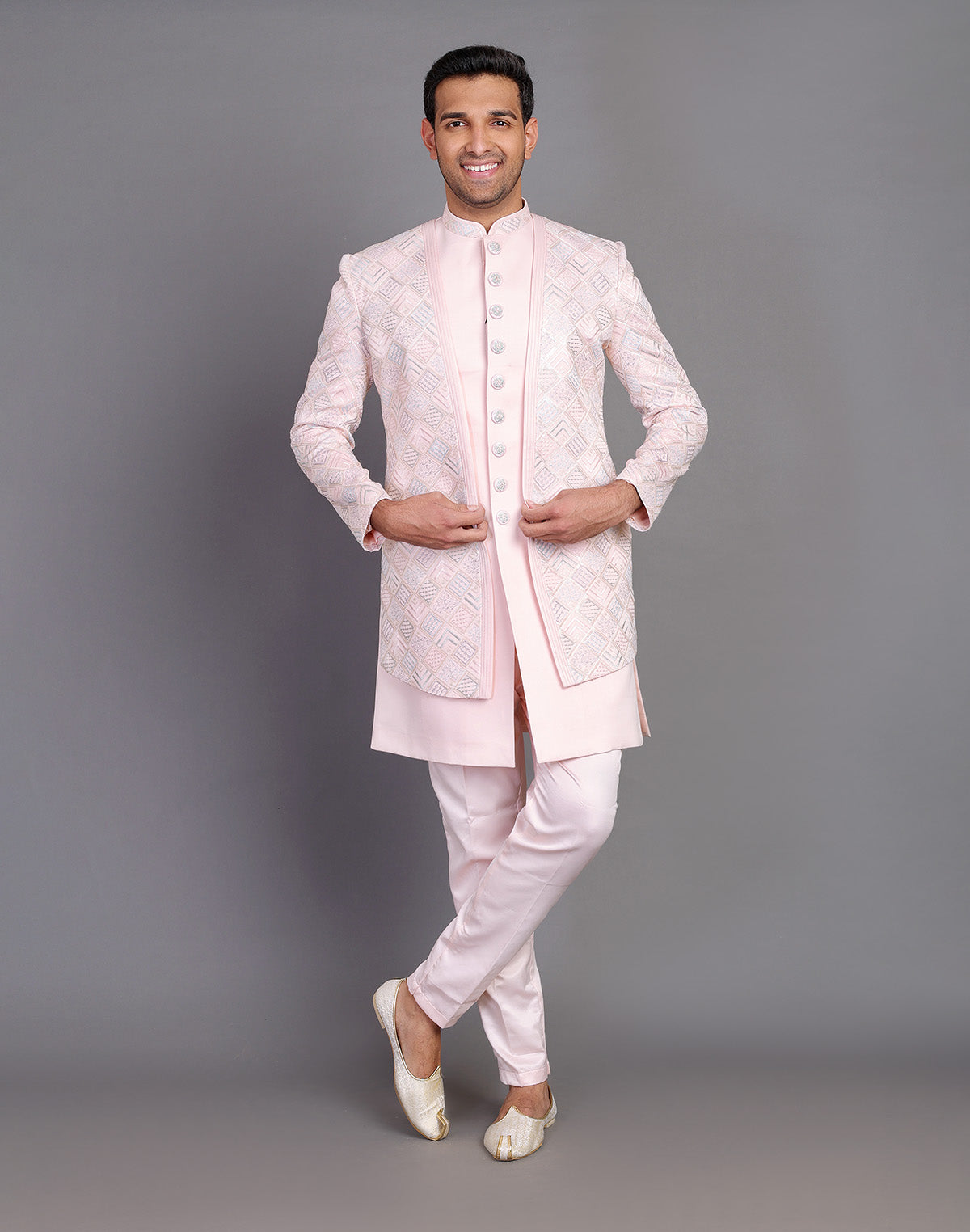 Collection of Multi Thread Work Satin Light Pink Indo Open Jacket Style in a gallery layout