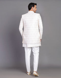 Collection of All Over Floral Design Embroidery Work Cream Raw Silk Indo Open Jacket Set in a gallery layout