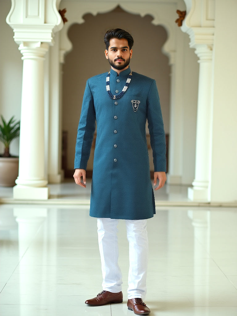 Peacock Coloured Self Design Jacquard Semi-Indo Set