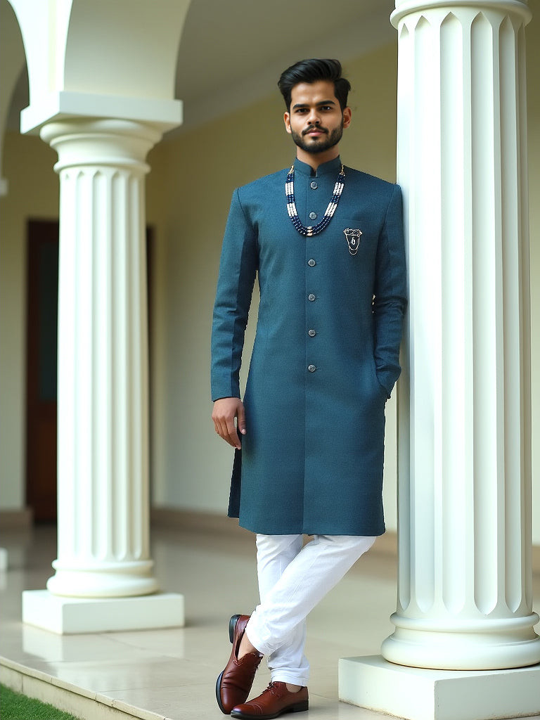 Peacock Coloured Self Design Jacquard Semi-Indo Set