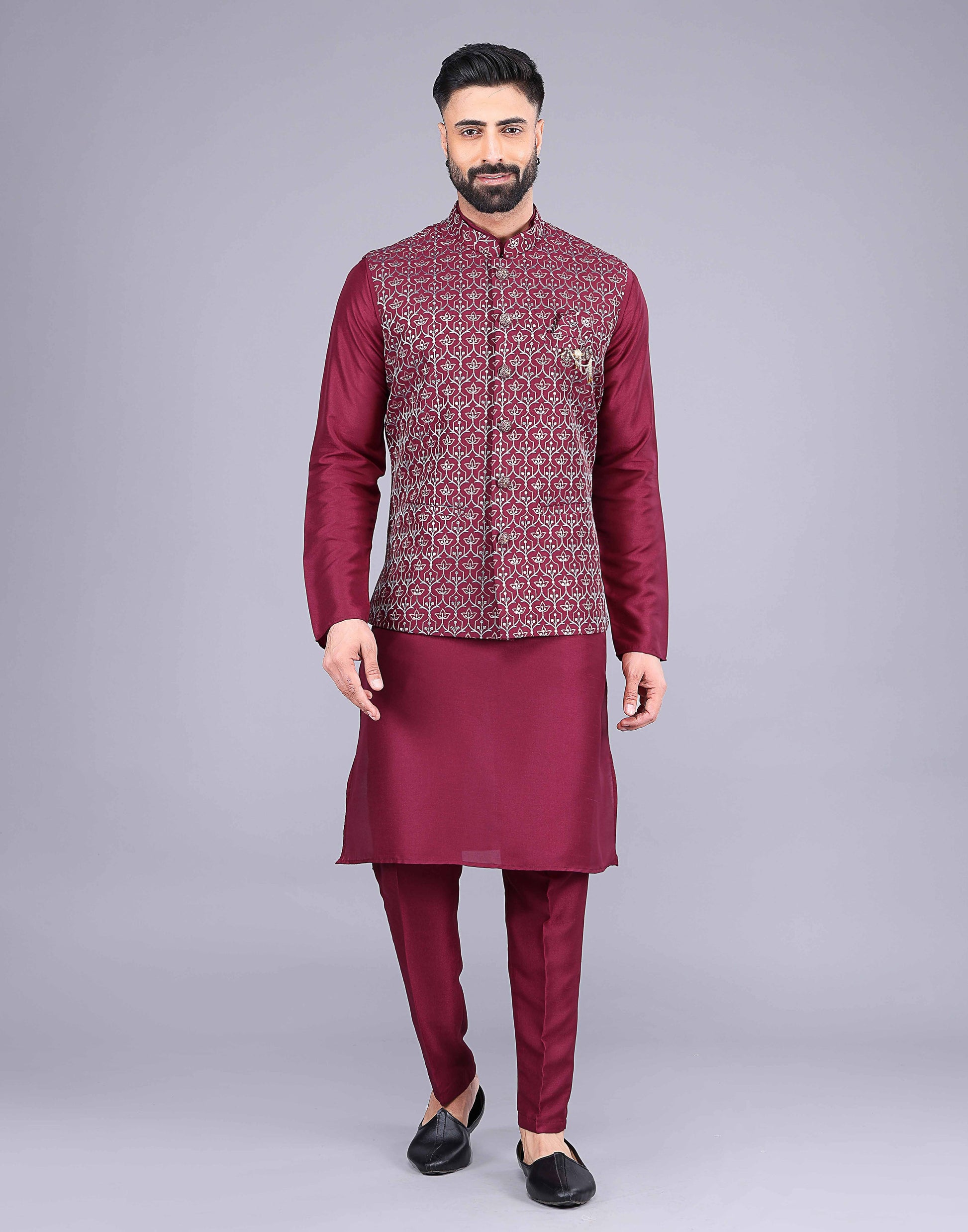 Floral Design Maroon Embroidery Work Jacquard Kurta Set