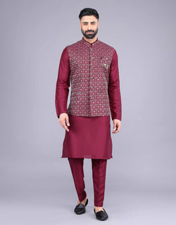 Collection of Floral Design Maroon Embroidery Work Jacquard Kurta Set in a gallery layout