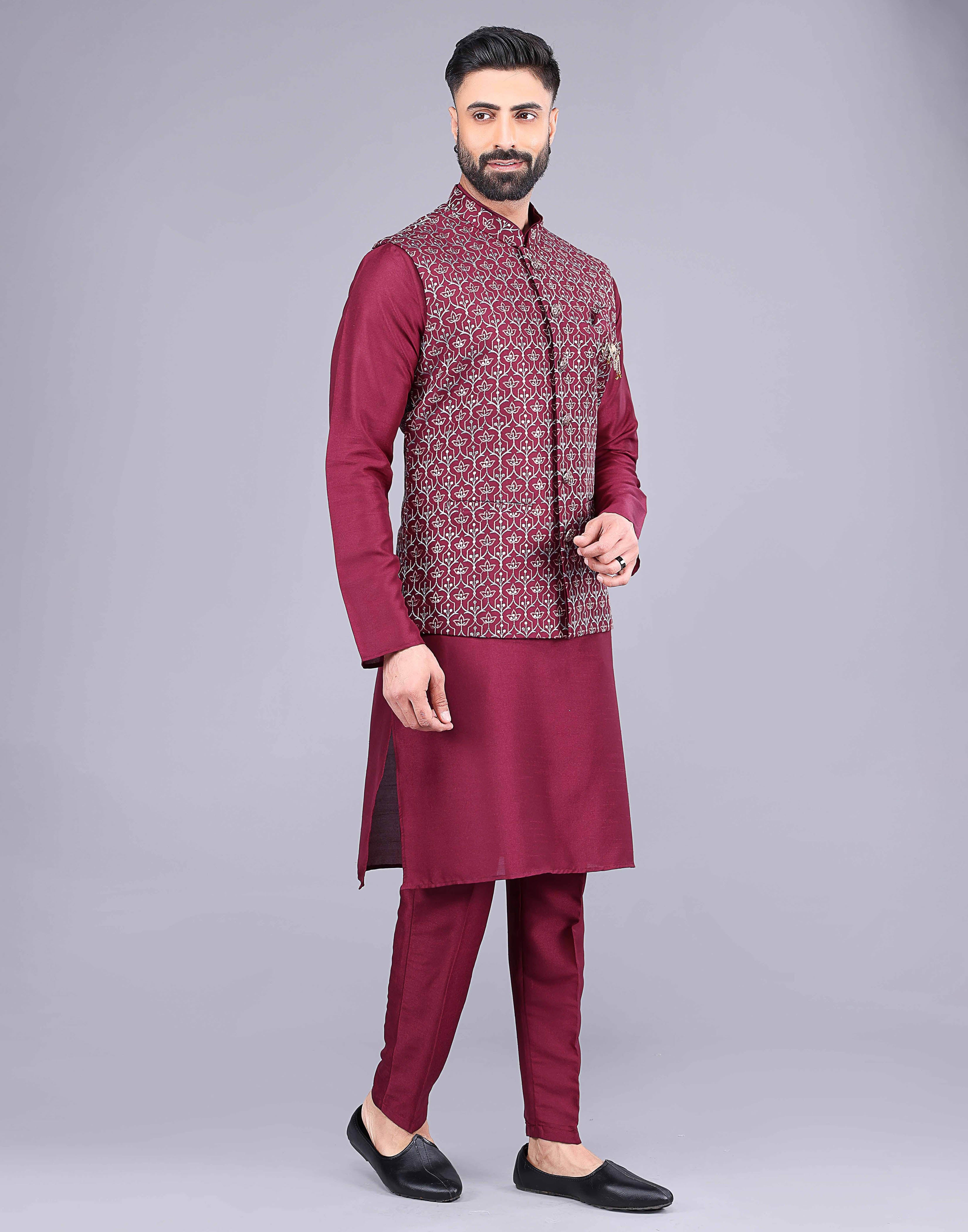 Collection of Floral Design Maroon Embroidery Work Jacquard Kurta Set in a gallery layout