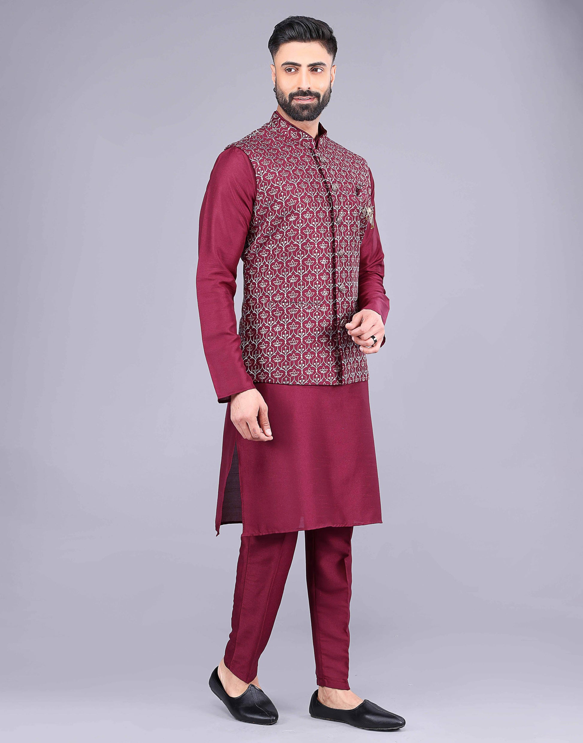 Floral Design Maroon Embroidery Work Jacquard Kurta Set