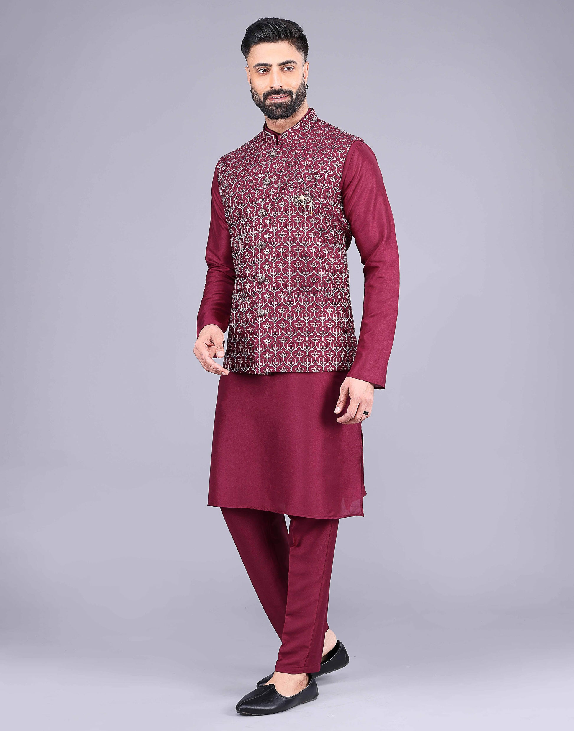 Floral Design Maroon Embroidery Work Jacquard Kurta Set