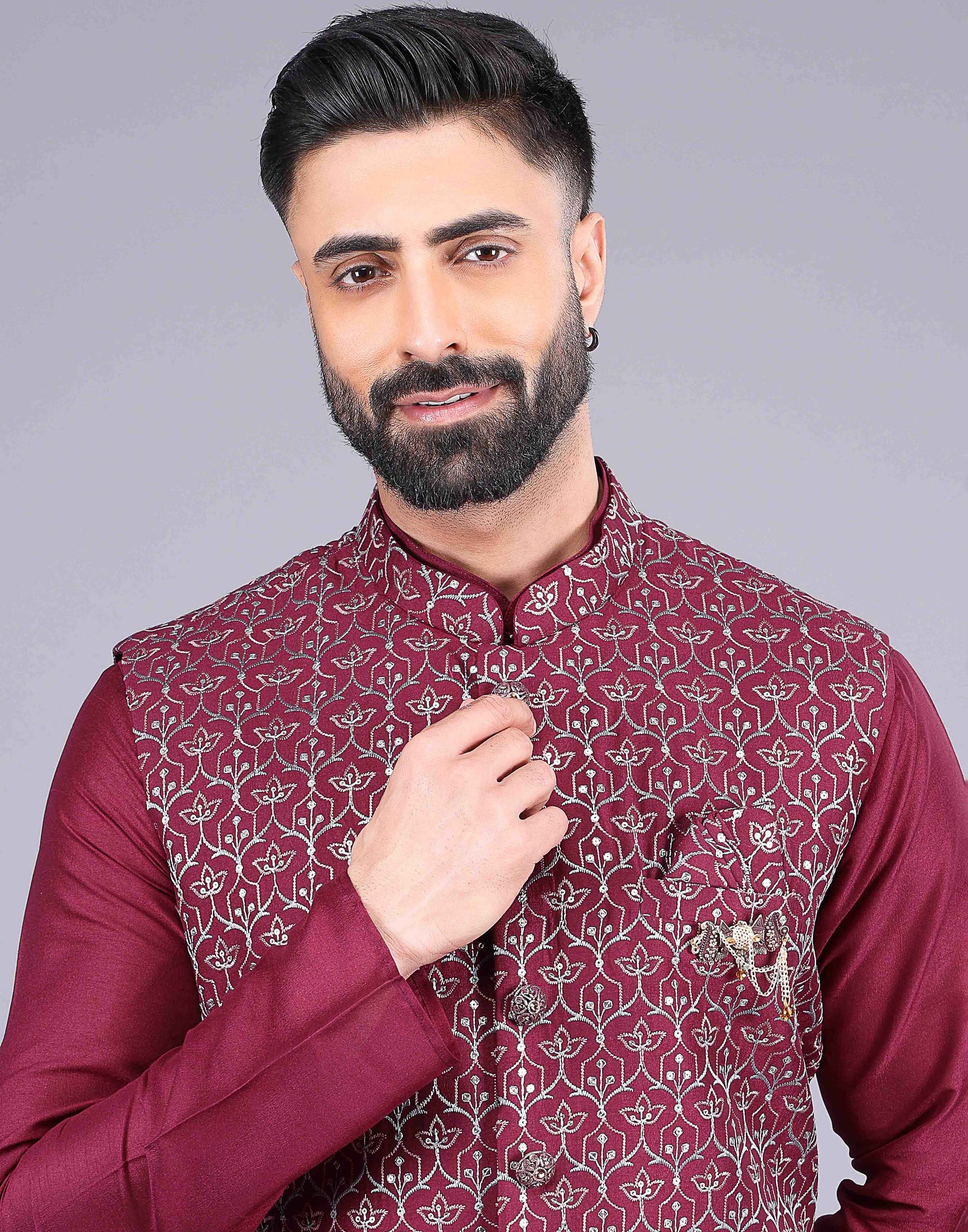 Floral Design Maroon Embroidery Work Jacquard Kurta Set