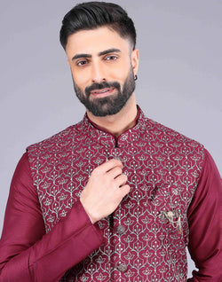 Collection of Floral Design Maroon Embroidery Work Jacquard Kurta Set in a gallery layout