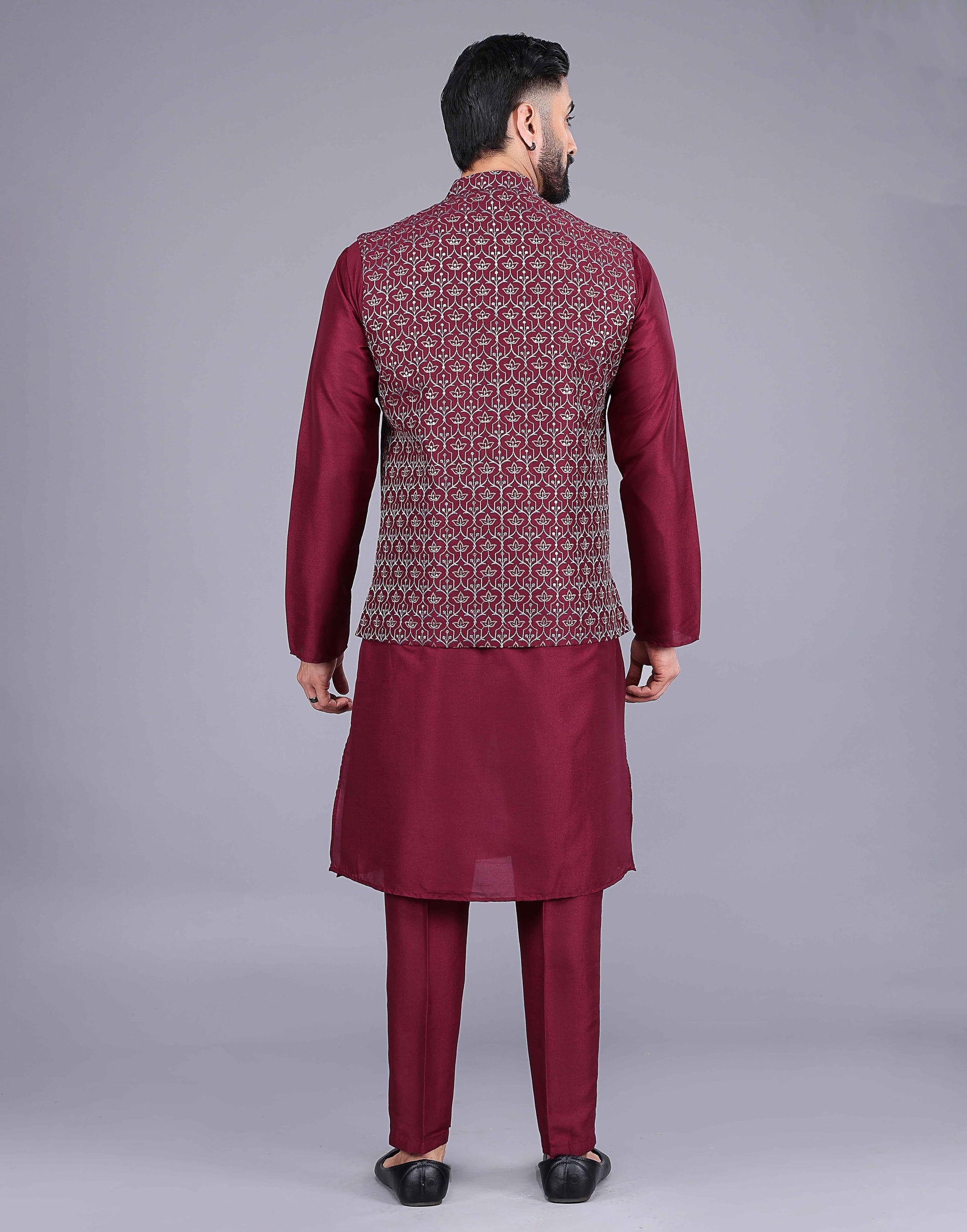 Floral Design Maroon Embroidery Work Jacquard Kurta Set