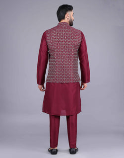 Collection of Floral Design Maroon Embroidery Work Jacquard Kurta Set in a gallery layout