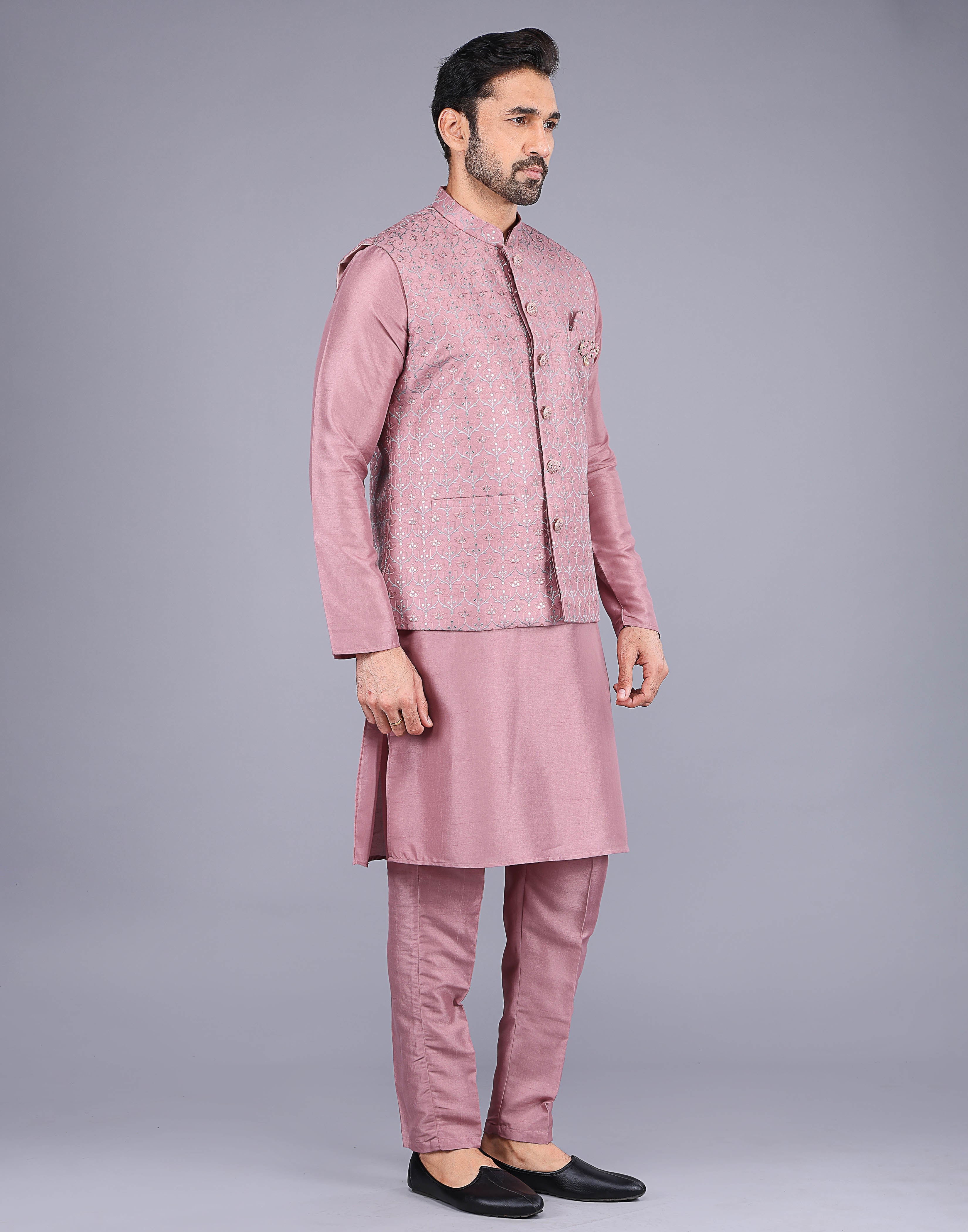 Collection of Onion Color Floral Design Embroidery Work Jacquard Kurta Jacket Set in a gallery layout