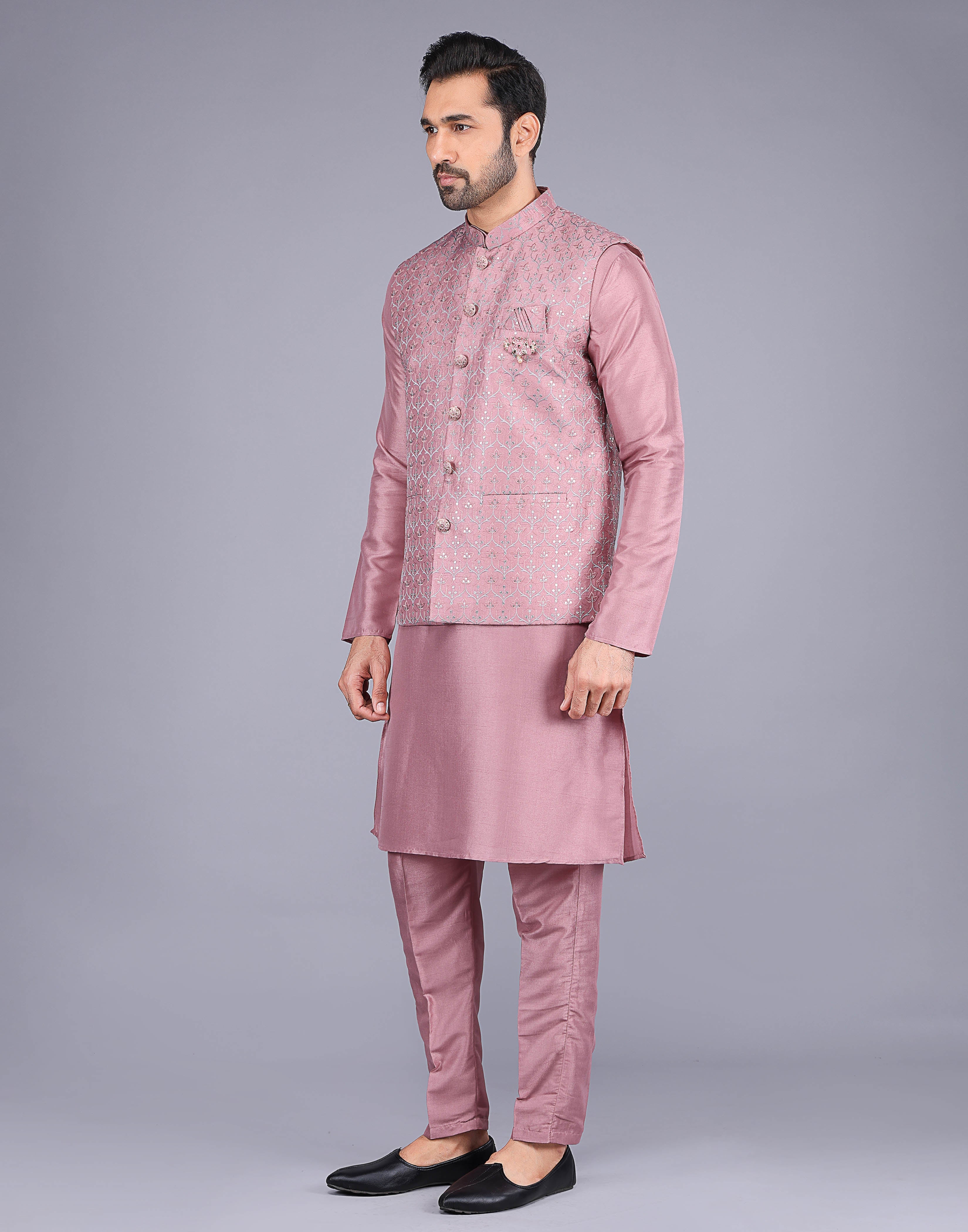 Collection of Onion Color Floral Design Embroidery Work Jacquard Kurta Jacket Set in a gallery layout