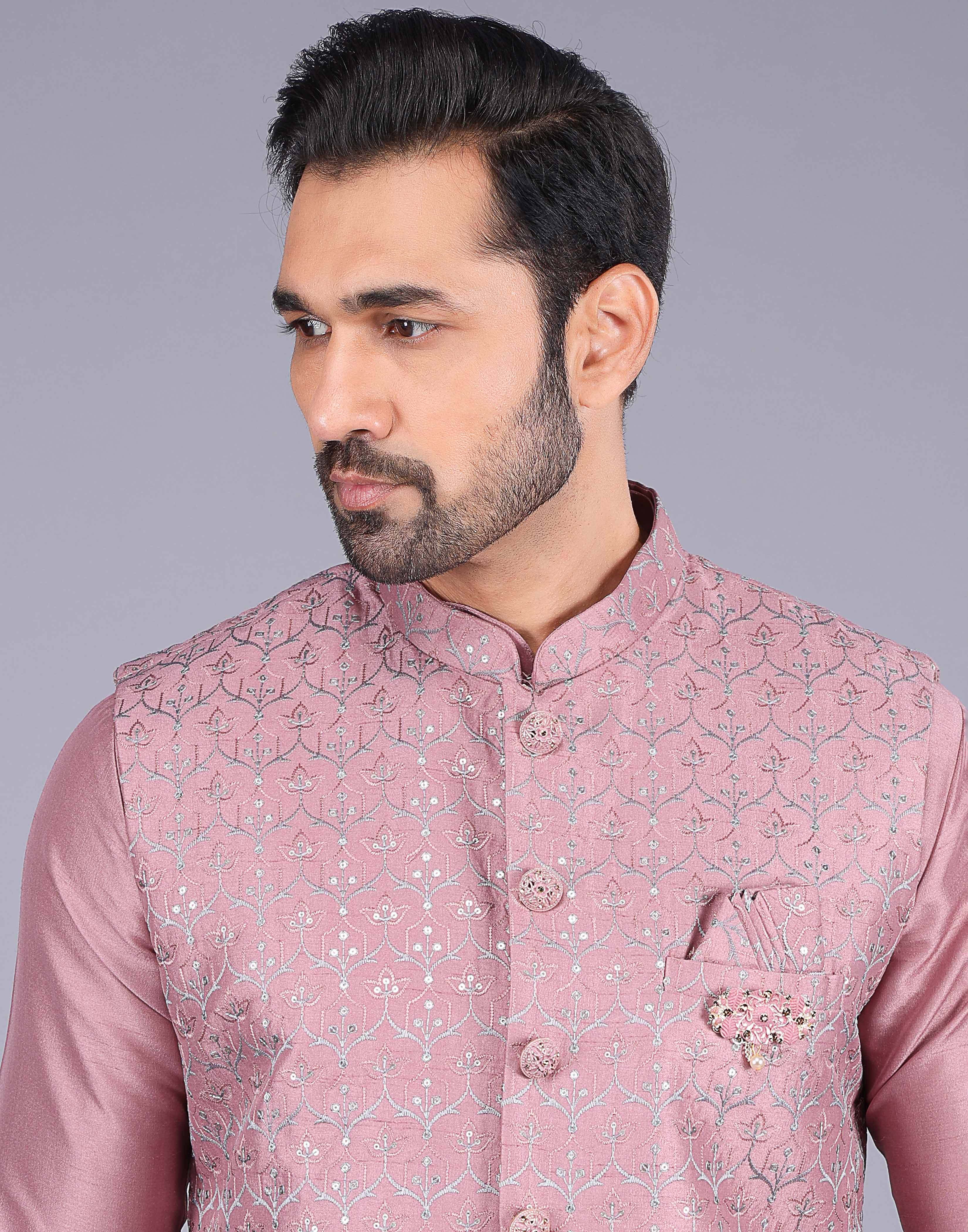 Collection of Onion Color Floral Design Embroidery Work Jacquard Kurta Jacket Set in a gallery layout