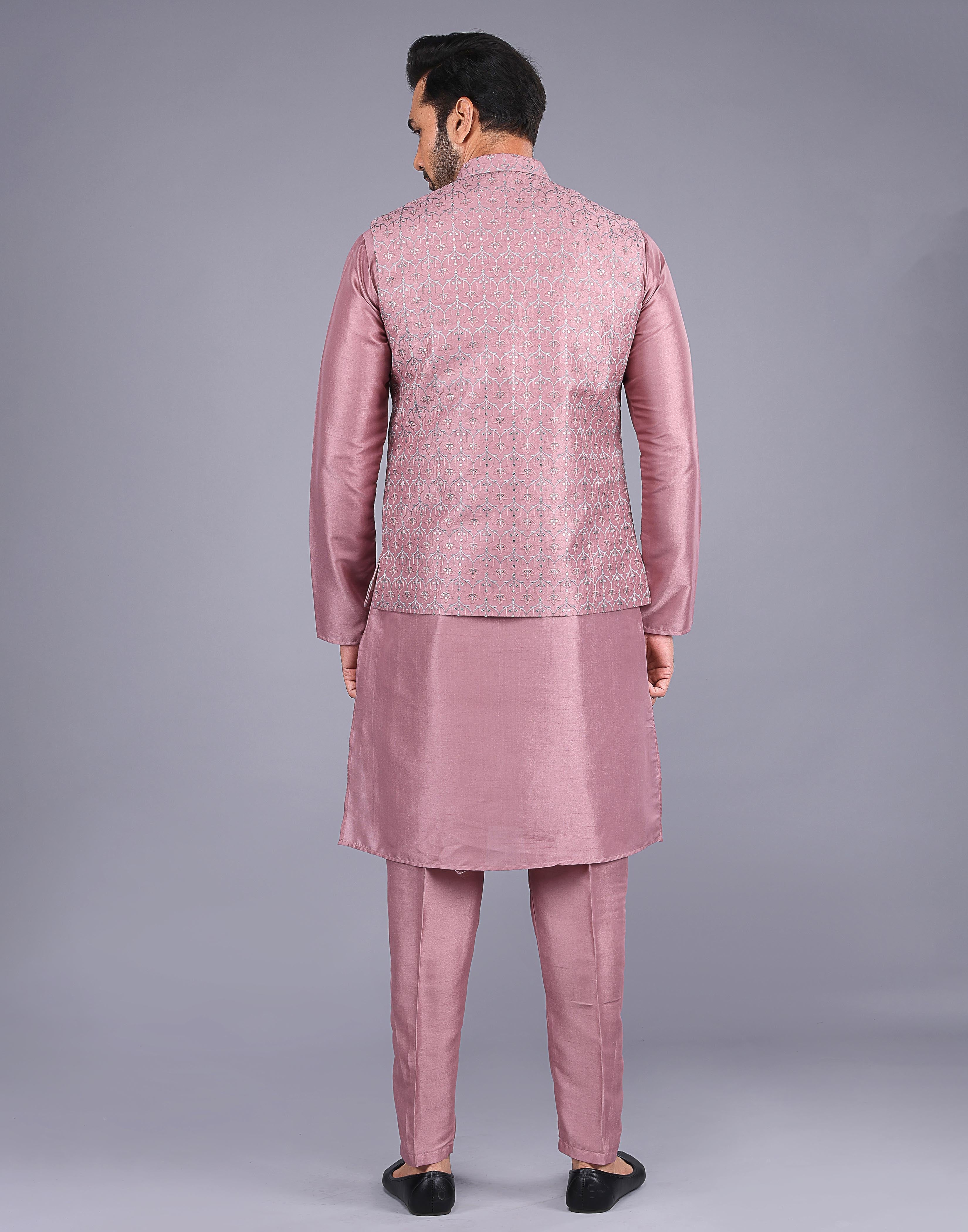 Collection of Onion Color Floral Design Embroidery Work Jacquard Kurta Jacket Set in a gallery layout