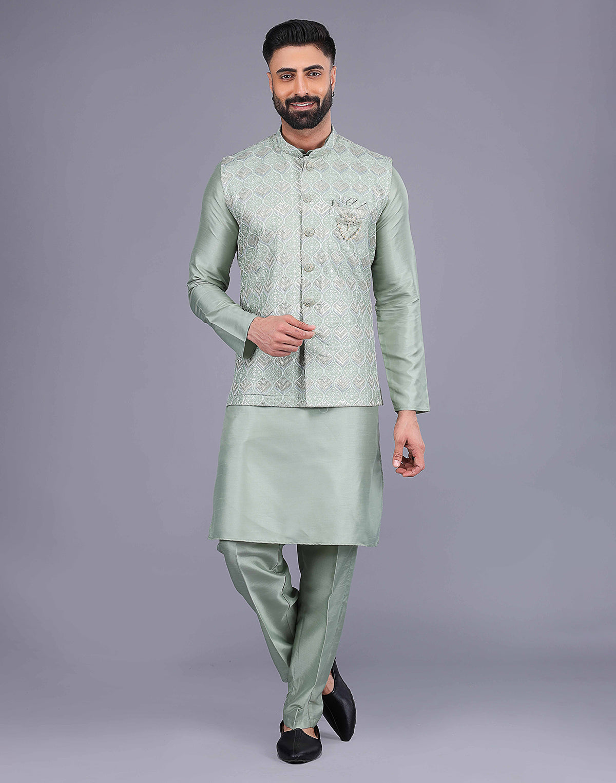 Pista Green Sequence With Embroidery Work Party Wear Kurta Jacket Set