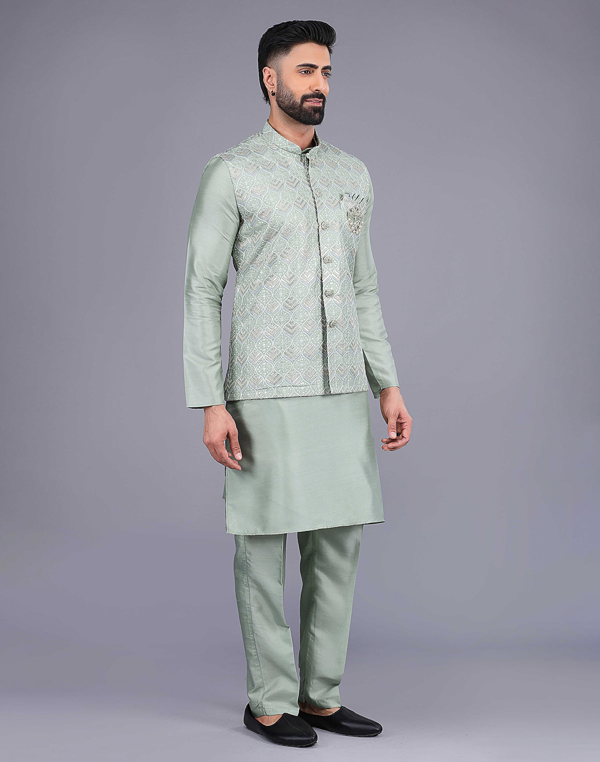 Collection of Pista Green Sequence With Embroidery Work Party Wear Kurta Jacket Set in a gallery layout