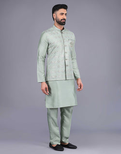 Collection of Pista Green Sequence With Embroidery Work Party Wear Kurta Jacket Set in a gallery layout