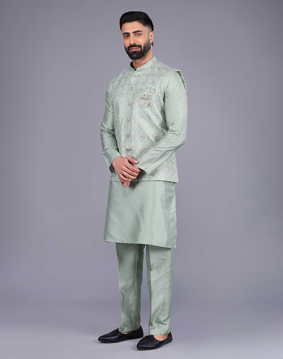 Collection of Pista Green Sequence With Embroidery Work Party Wear Kurta Jacket Set in a gallery layout