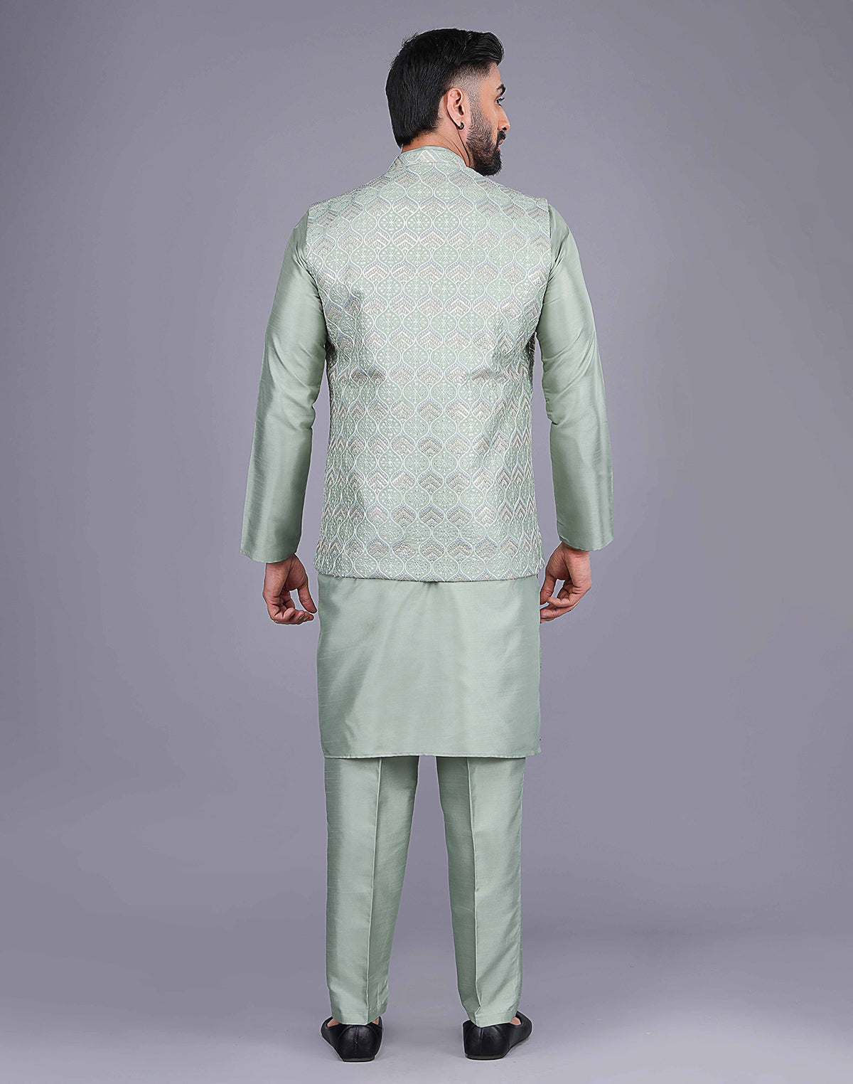 Collection of Pista Green Sequence With Embroidery Work Party Wear Kurta Jacket Set in a gallery layout