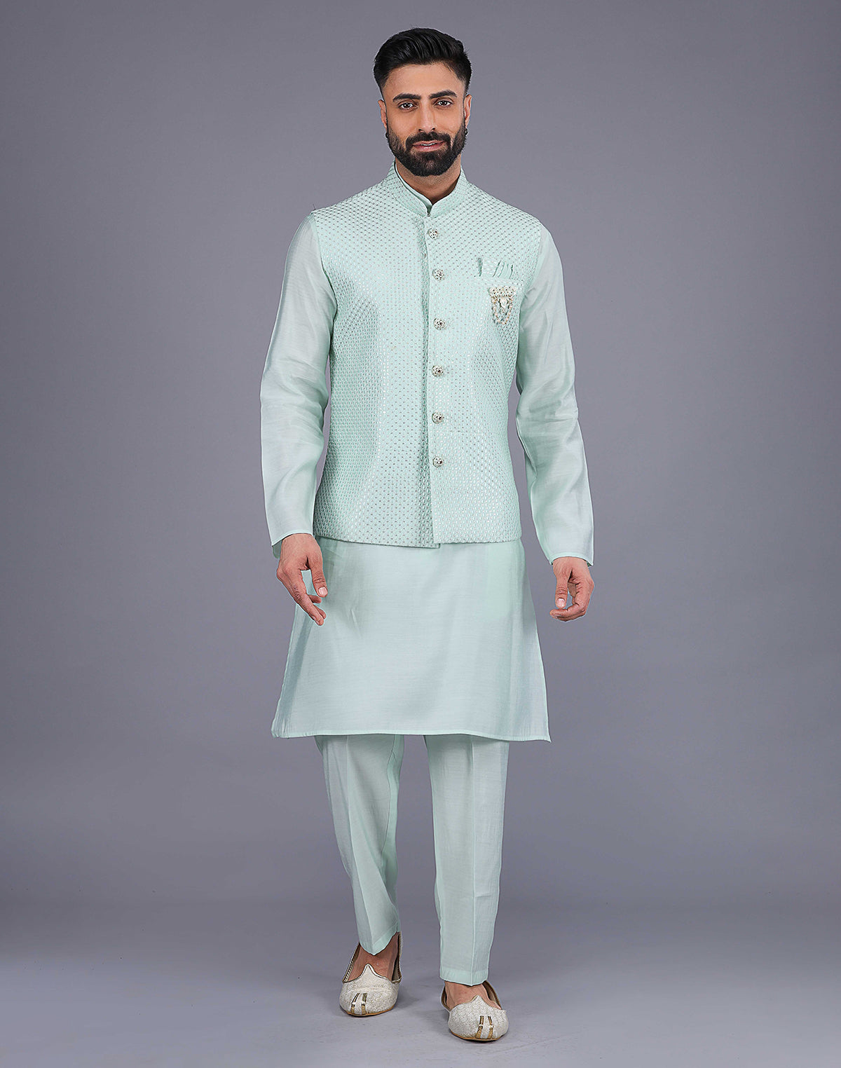 Light Green All Over Self Design Sequence Work Kurta Jacket Set