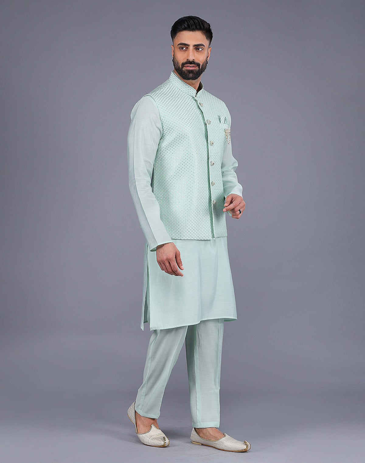 Light Green All Over Self Design Sequence Work Kurta Jacket Set