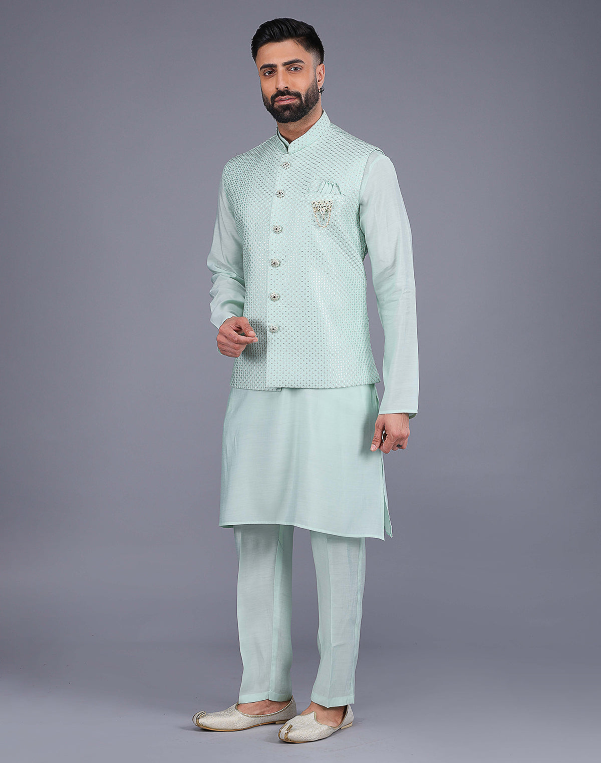 Light Green All Over Self Design Sequence Work Kurta Jacket Set