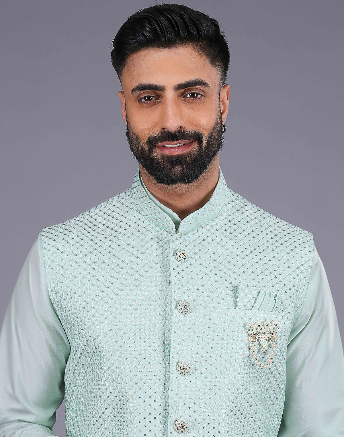 Light Green All Over Self Design Sequence Work Kurta Jacket Set