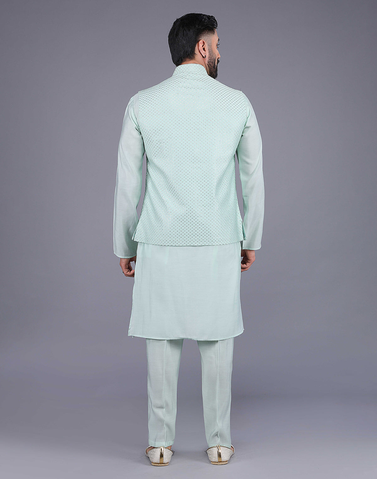 Light Green All Over Self Design Sequence Work Kurta Jacket Set