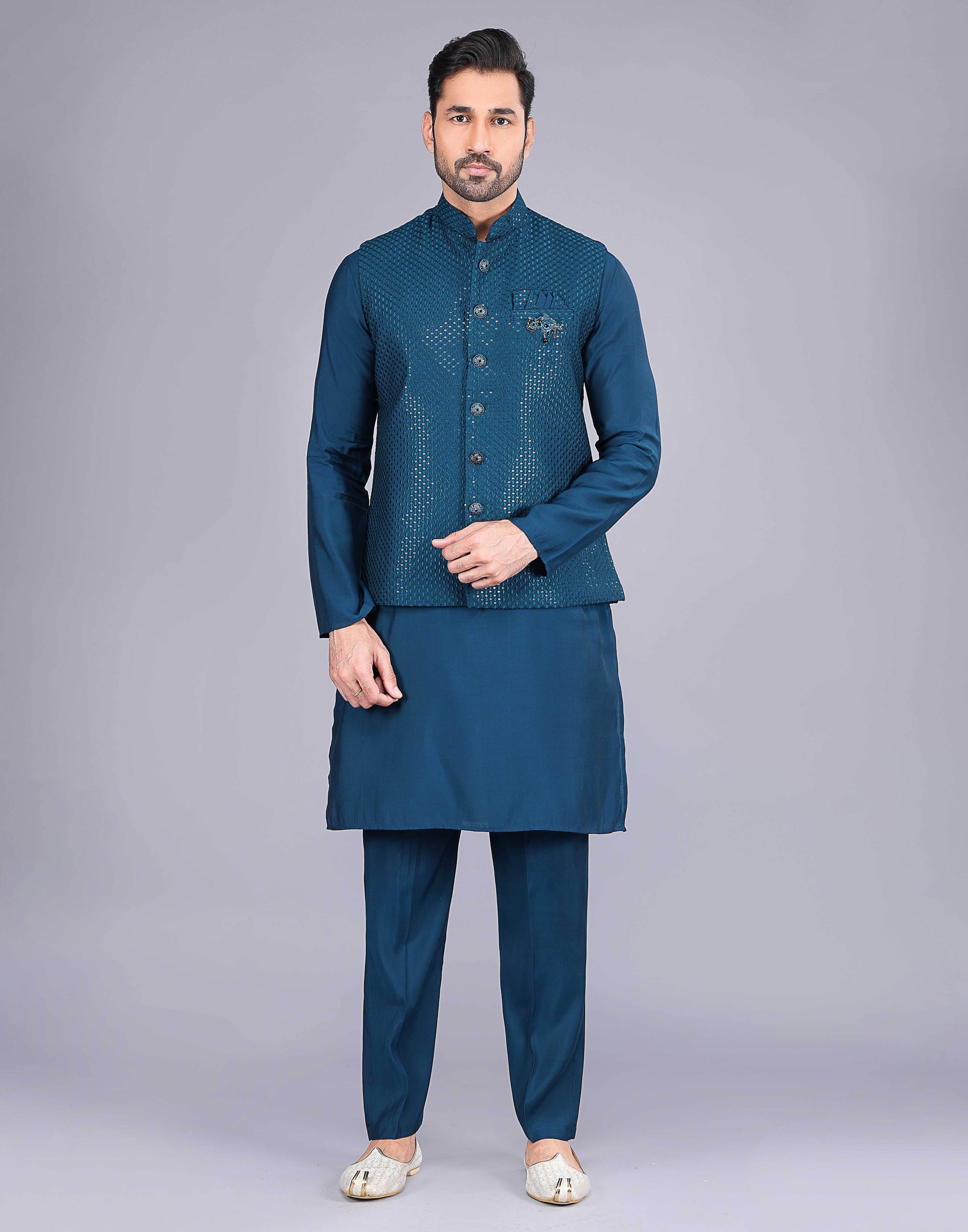 Rama Blue Self Sequence Work Jacquard Kurta Set