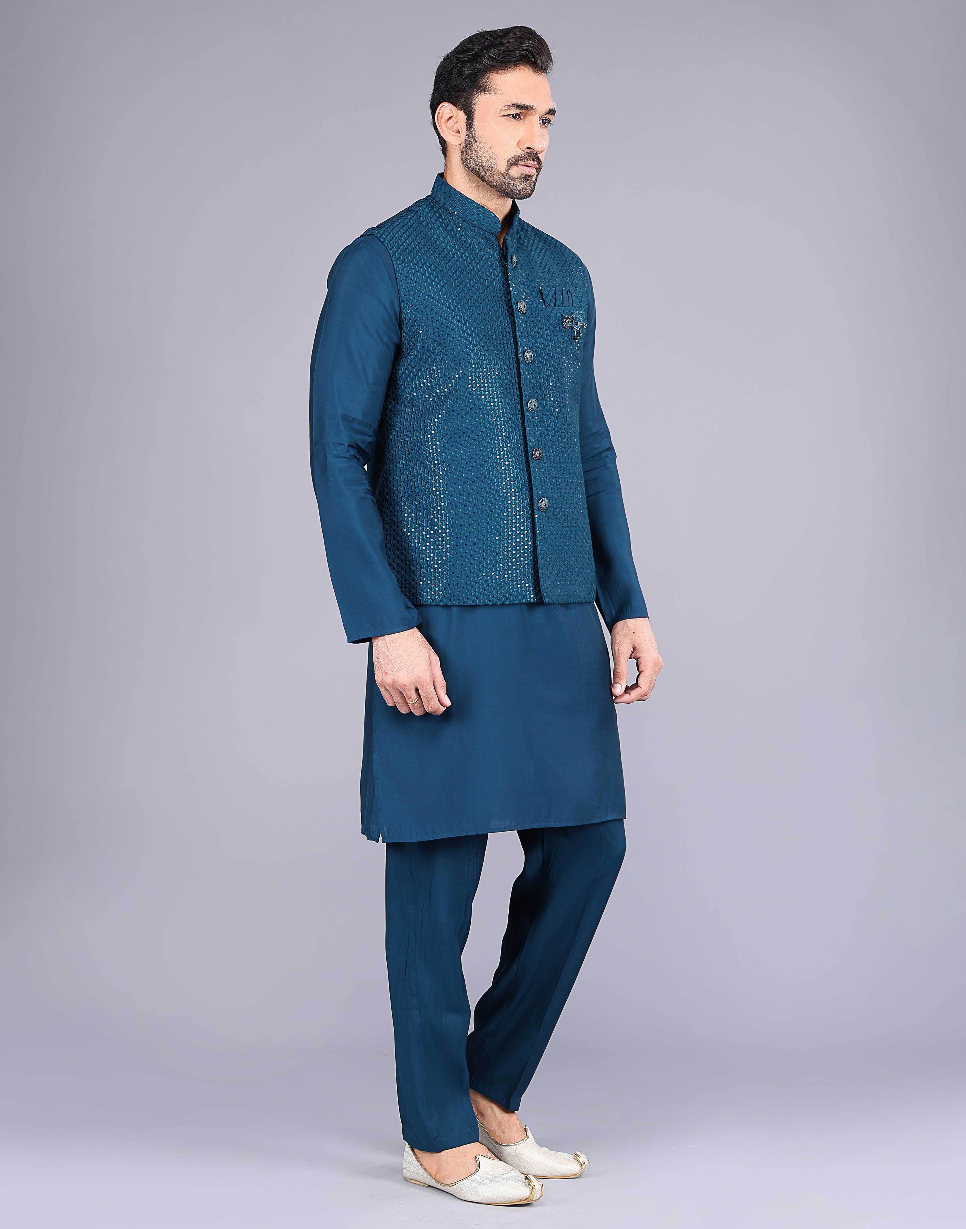 Collection of Rama Blue Self Sequence Work Jacquard Kurta Set in a gallery layout