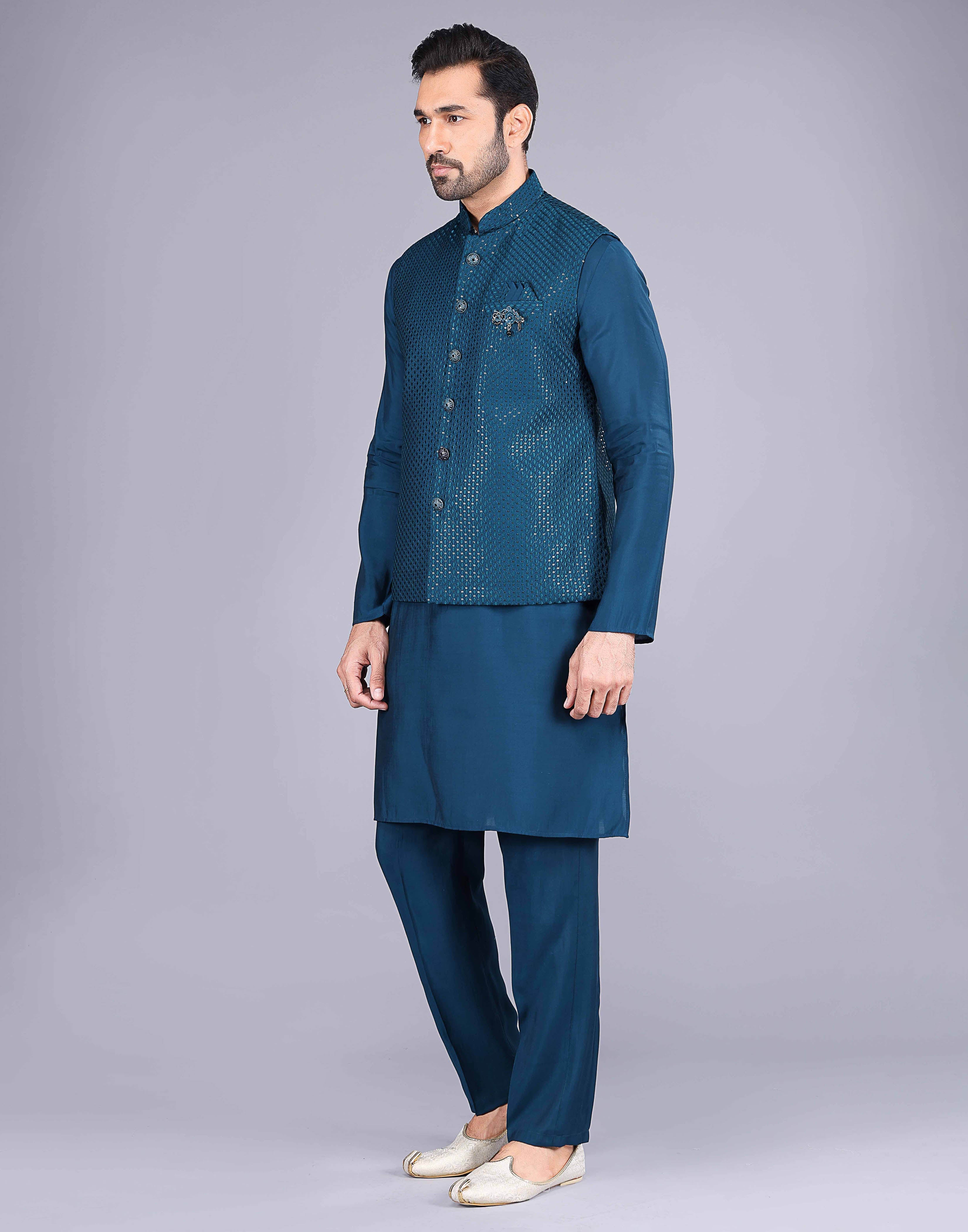 Collection of Rama Blue Self Sequence Work Jacquard Kurta Set in a gallery layout