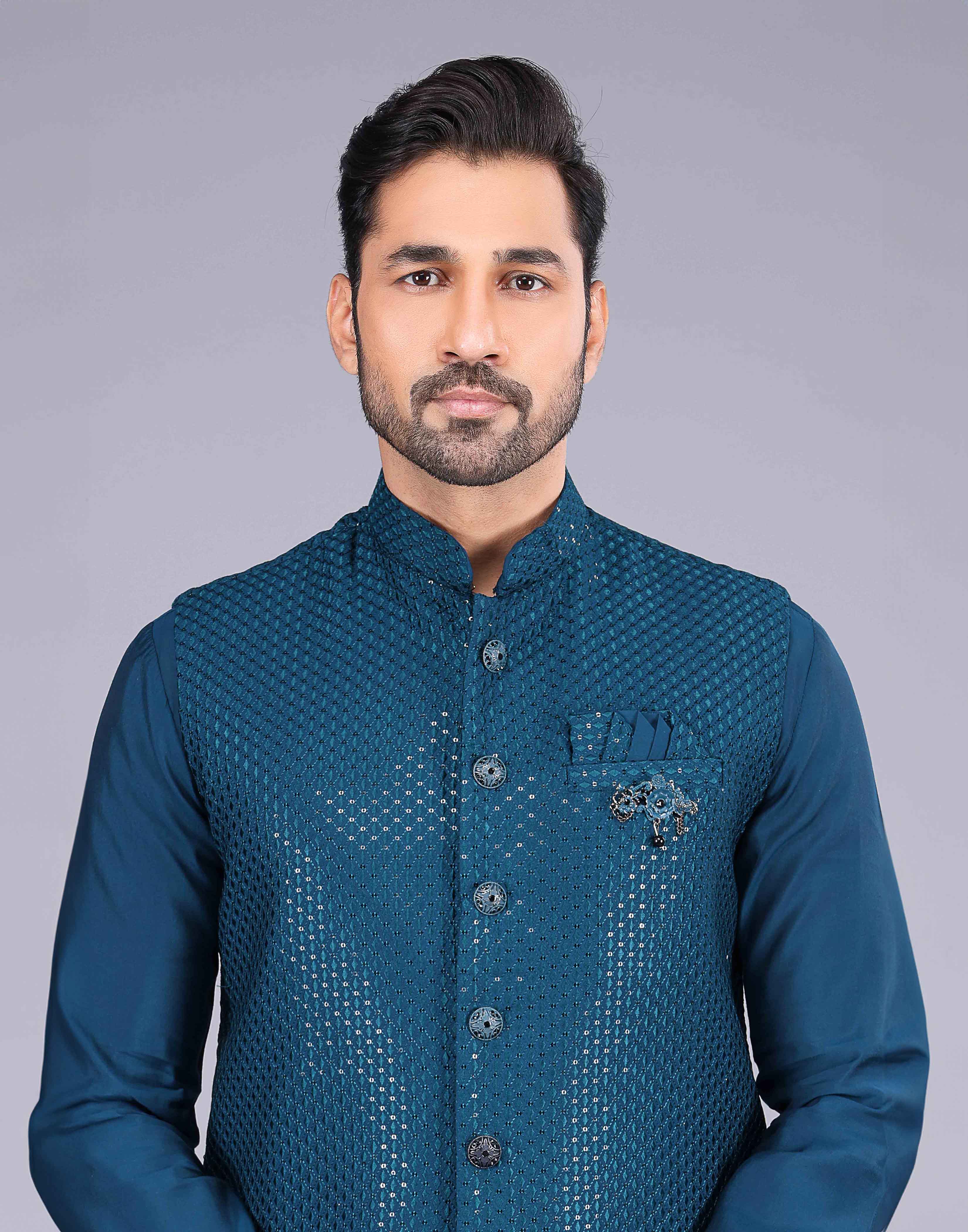 Collection of Rama Blue Self Sequence Work Jacquard Kurta Set in a gallery layout