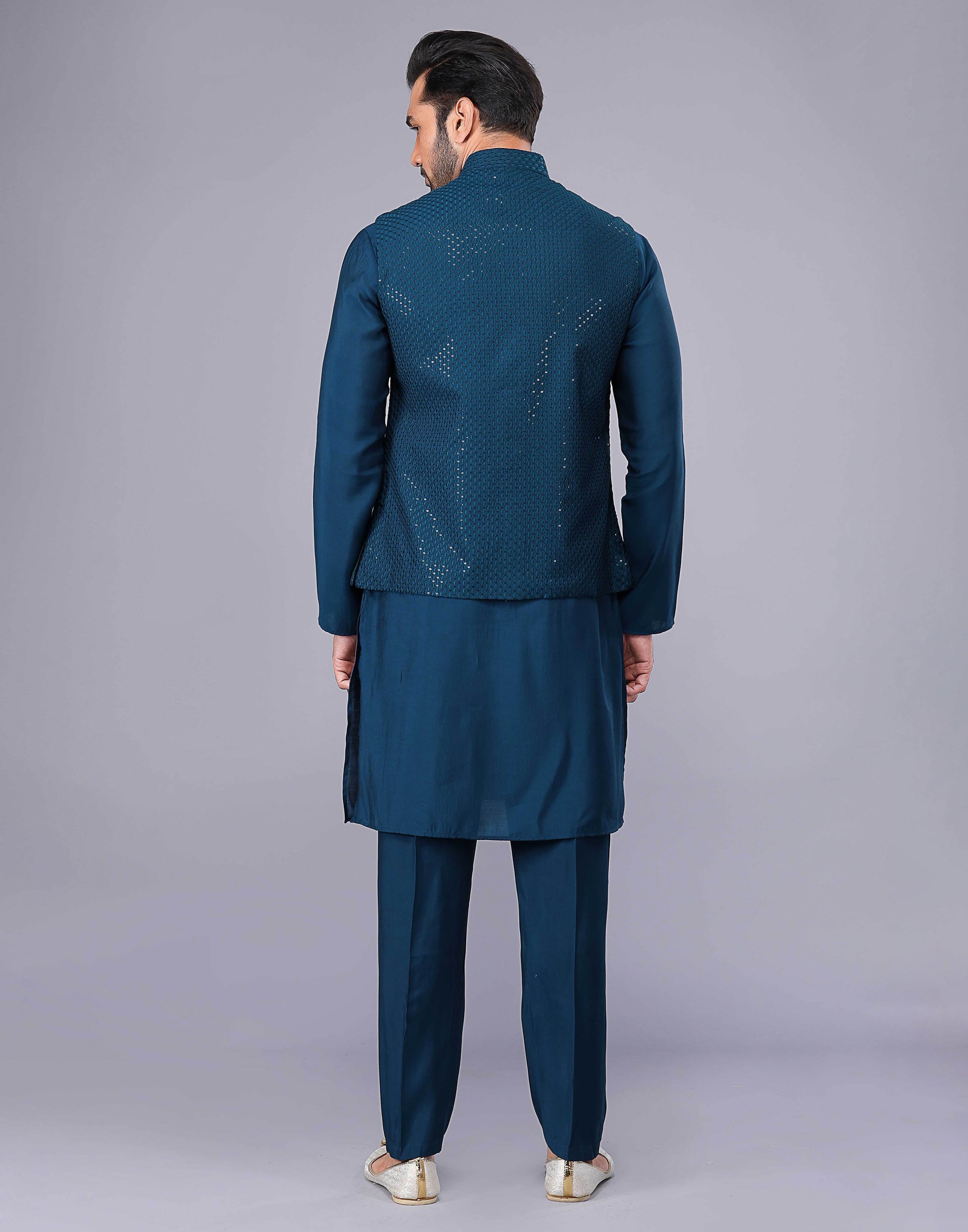 Rama Blue Self Sequence Work Jacquard Kurta Set