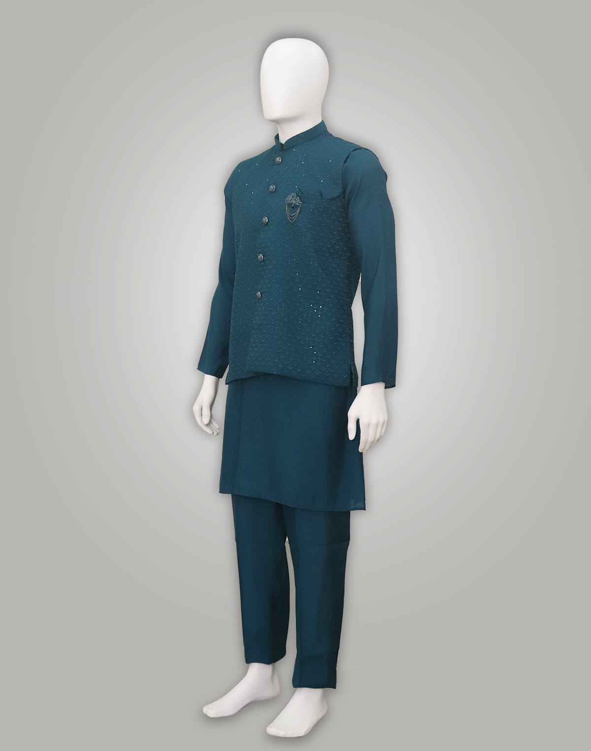 Collection of Peacock Blue Self Design  Pattern Raw Silk Jacket Set in a gallery layout