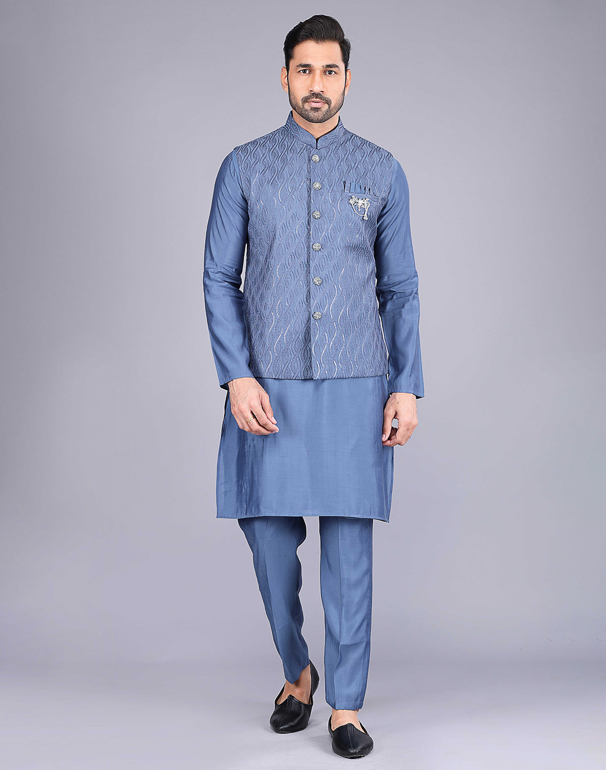 Rama Blue Self Thread Embroidery Work Kurta Jacket Set