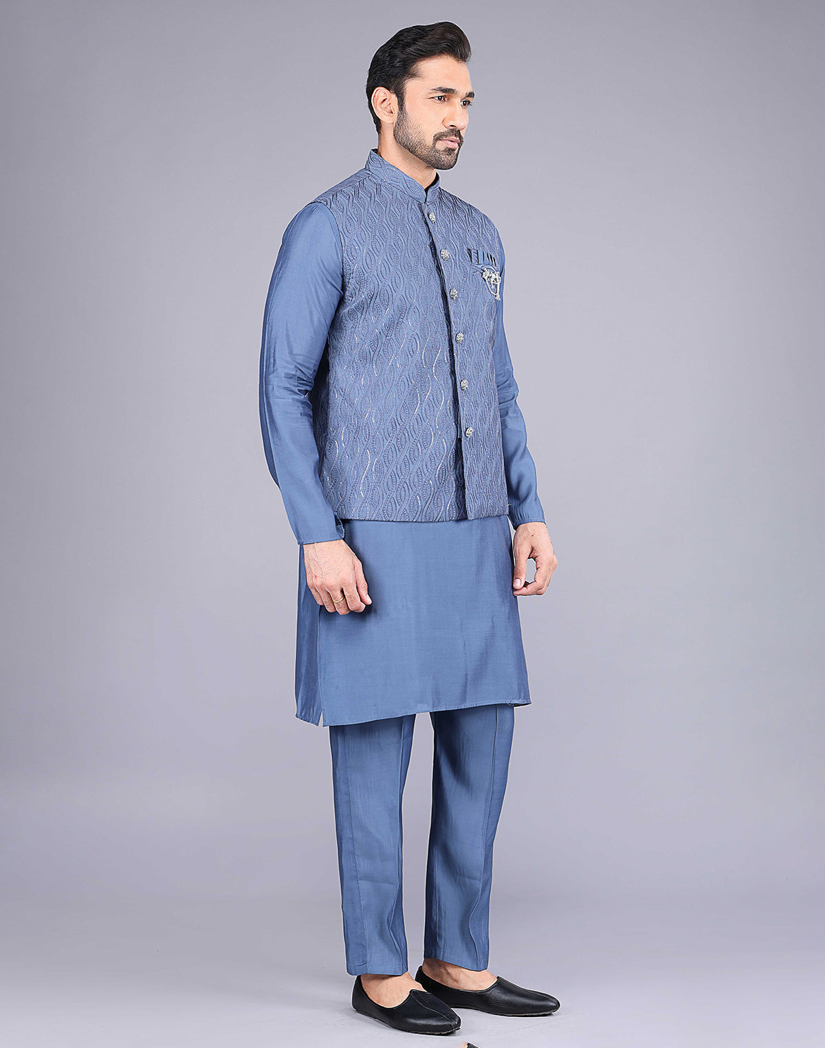 Rama Blue Self Thread Embroidery Work Kurta Jacket Set