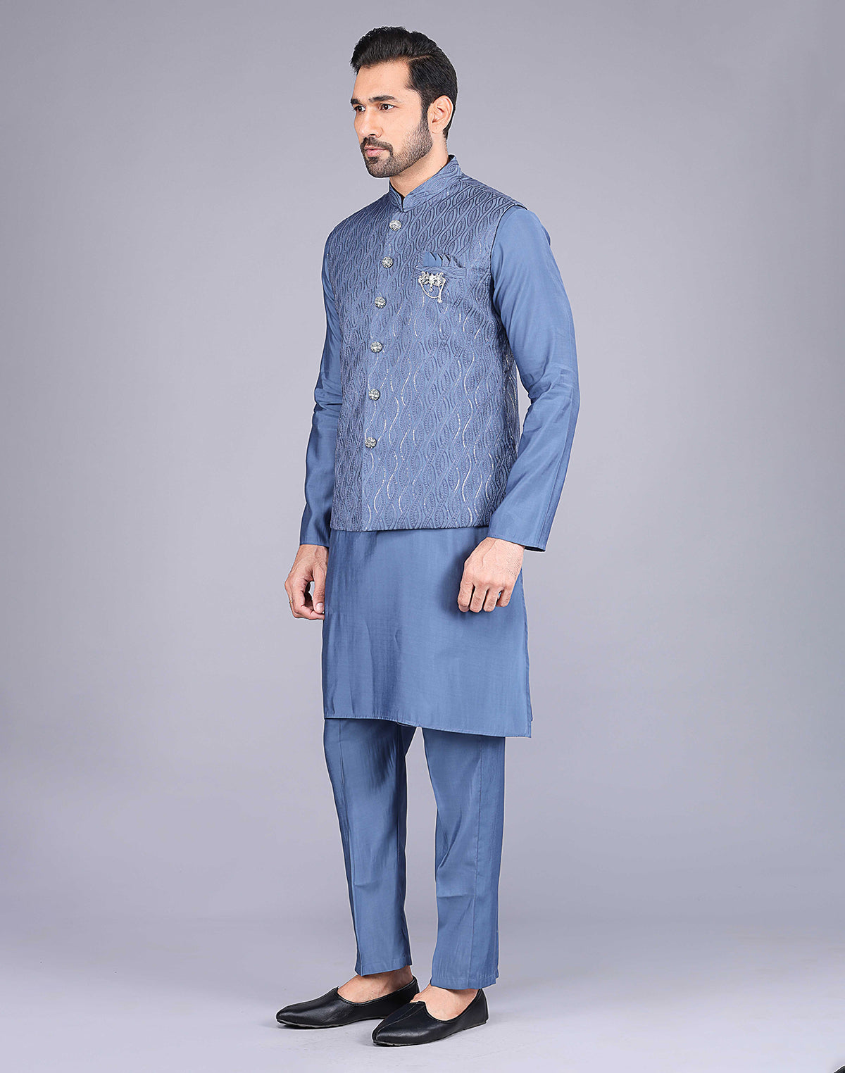 Rama Blue Self Thread Embroidery Work Kurta Jacket Set