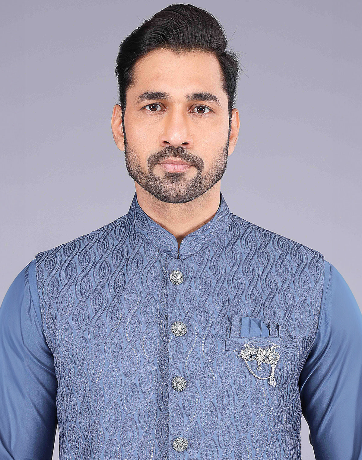 Rama Blue Self Thread Embroidery Work Kurta Jacket Set