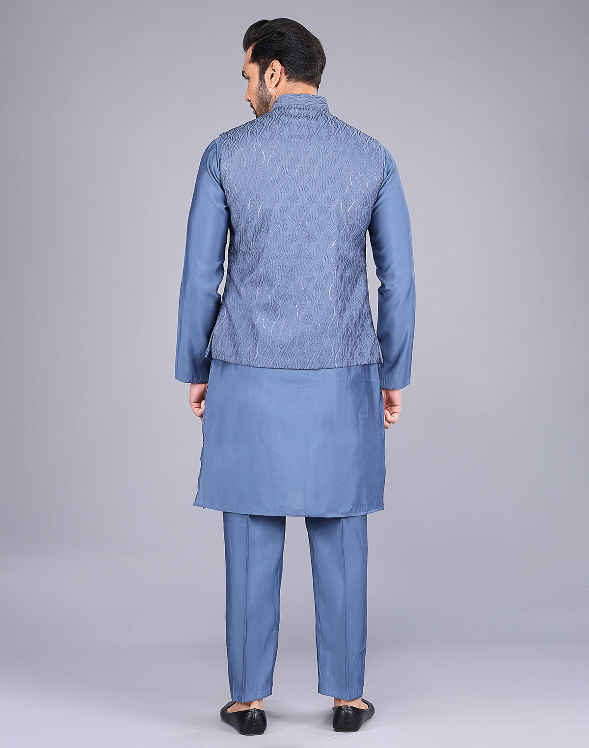 Rama Blue Self Thread Embroidery Work Kurta Jacket Set