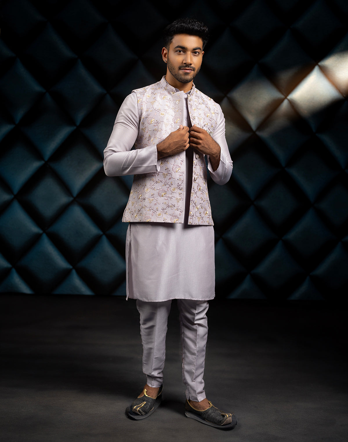 Collection of Floral Design Grey All Over Embroidery Work Jacquard Kurta Jacket Set in a gallery layout