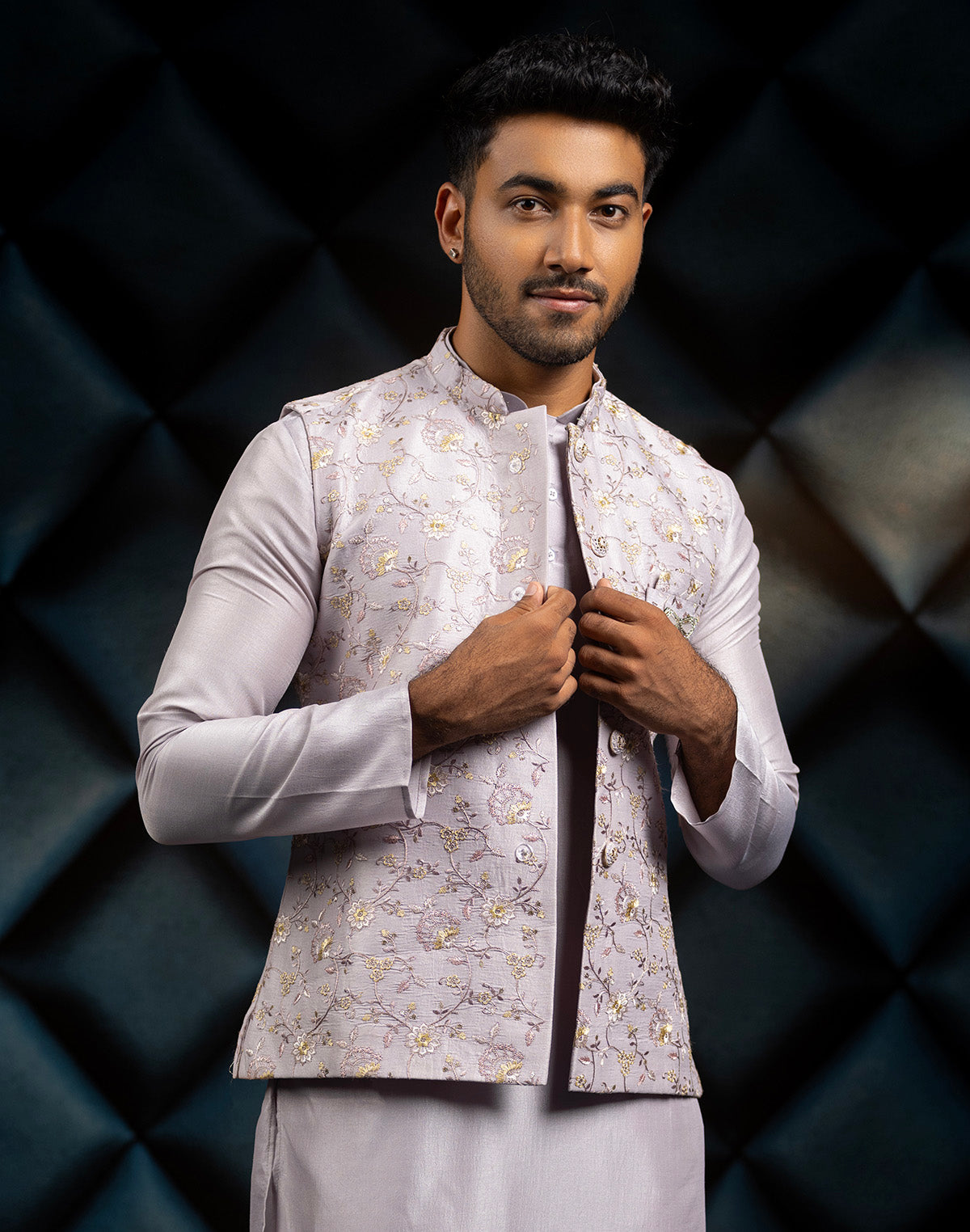 Collection of Floral Design Grey All Over Embroidery Work Jacquard Kurta Jacket Set in a gallery layout