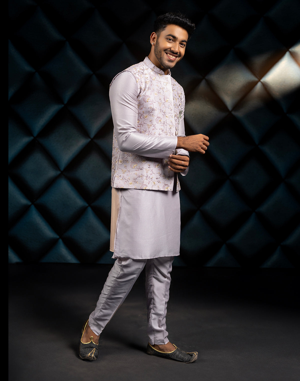 Collection of Floral Design Grey All Over Embroidery Work Jacquard Kurta Jacket Set in a gallery layout