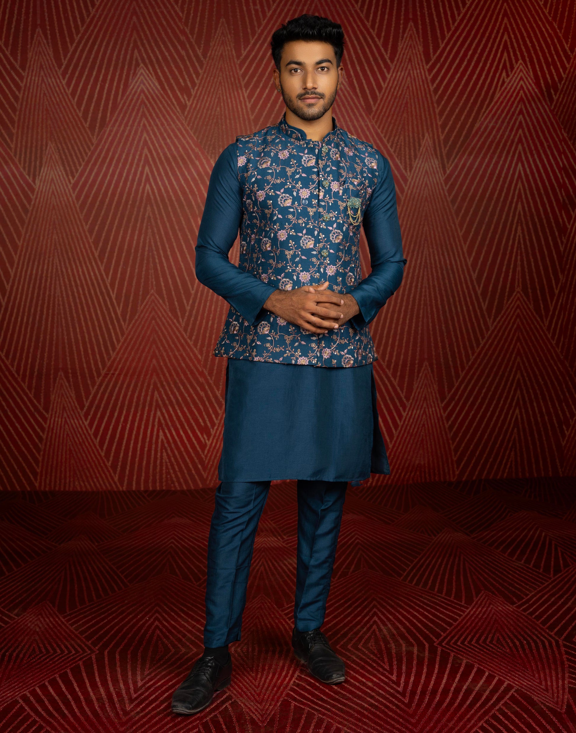 Floral Design Teal Blue All Over Embroidery Work Jacquard Kurta Jacket Set