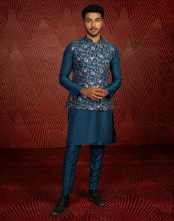 Collection of Floral Design Teal Blue All Over Embroidery Work Jacquard Kurta Jacket Set in a gallery layout