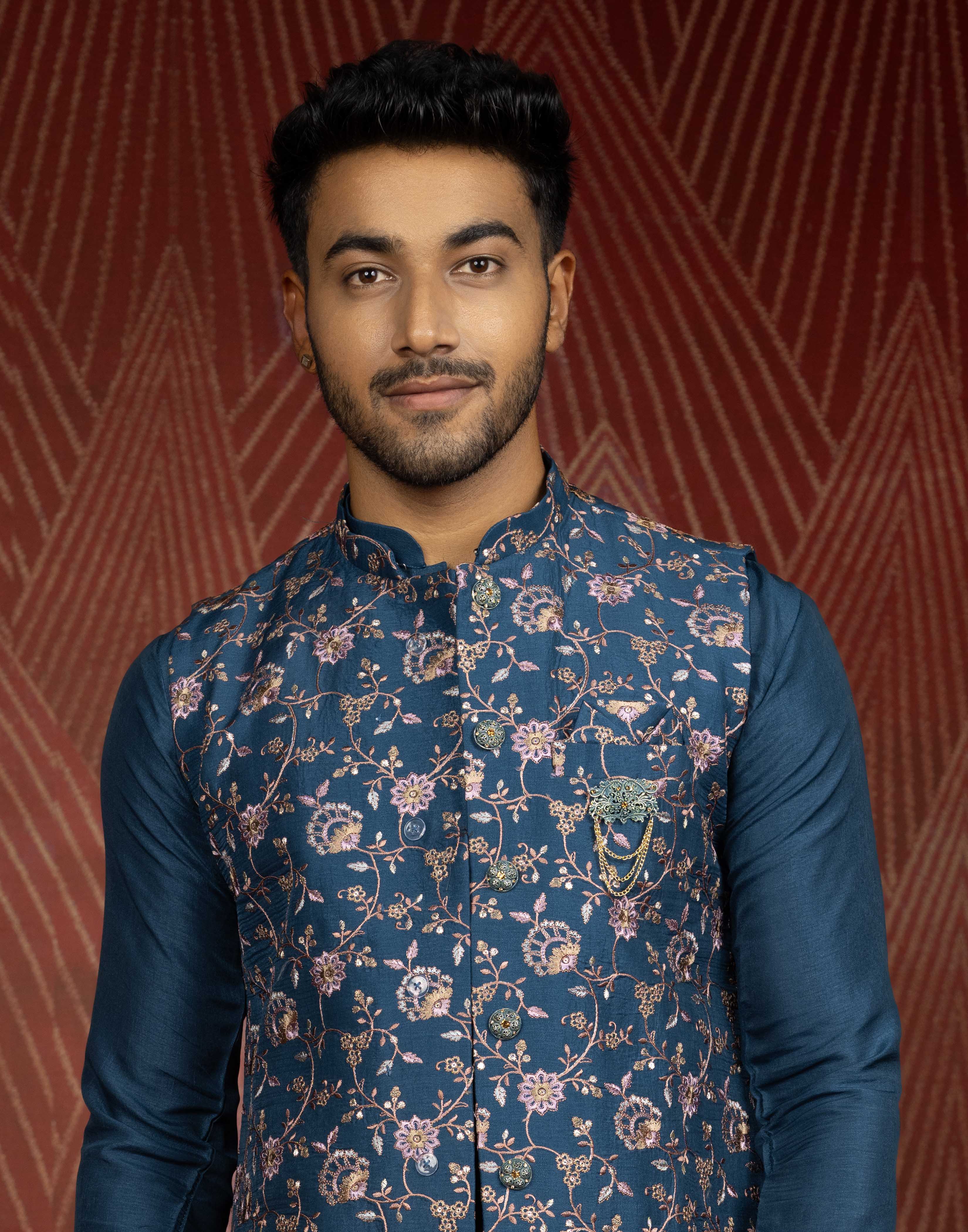 Collection of Floral Design Teal Blue All Over Embroidery Work Jacquard Kurta Jacket Set in a gallery layout