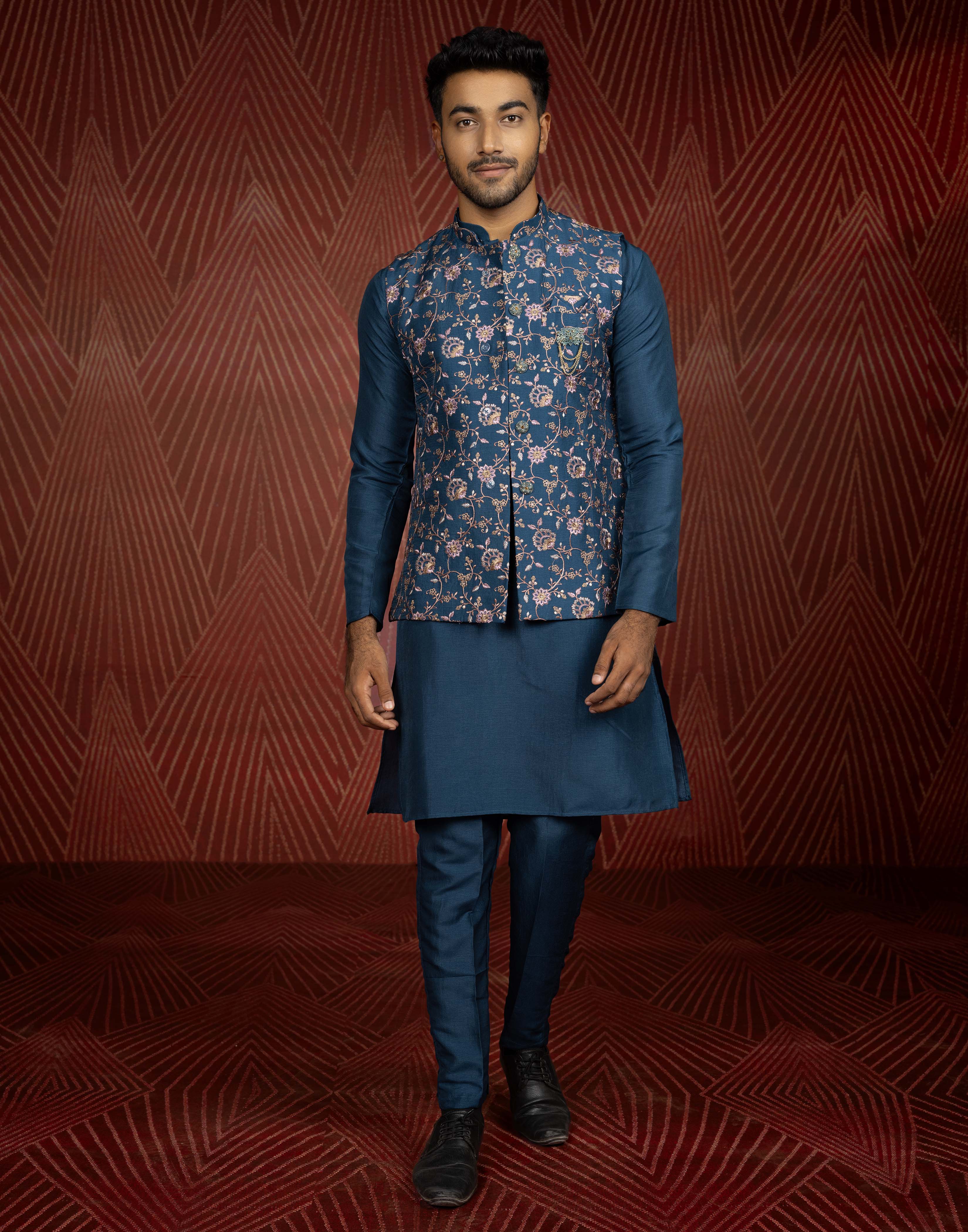 Collection of Floral Design Teal Blue All Over Embroidery Work Jacquard Kurta Jacket Set in a gallery layout