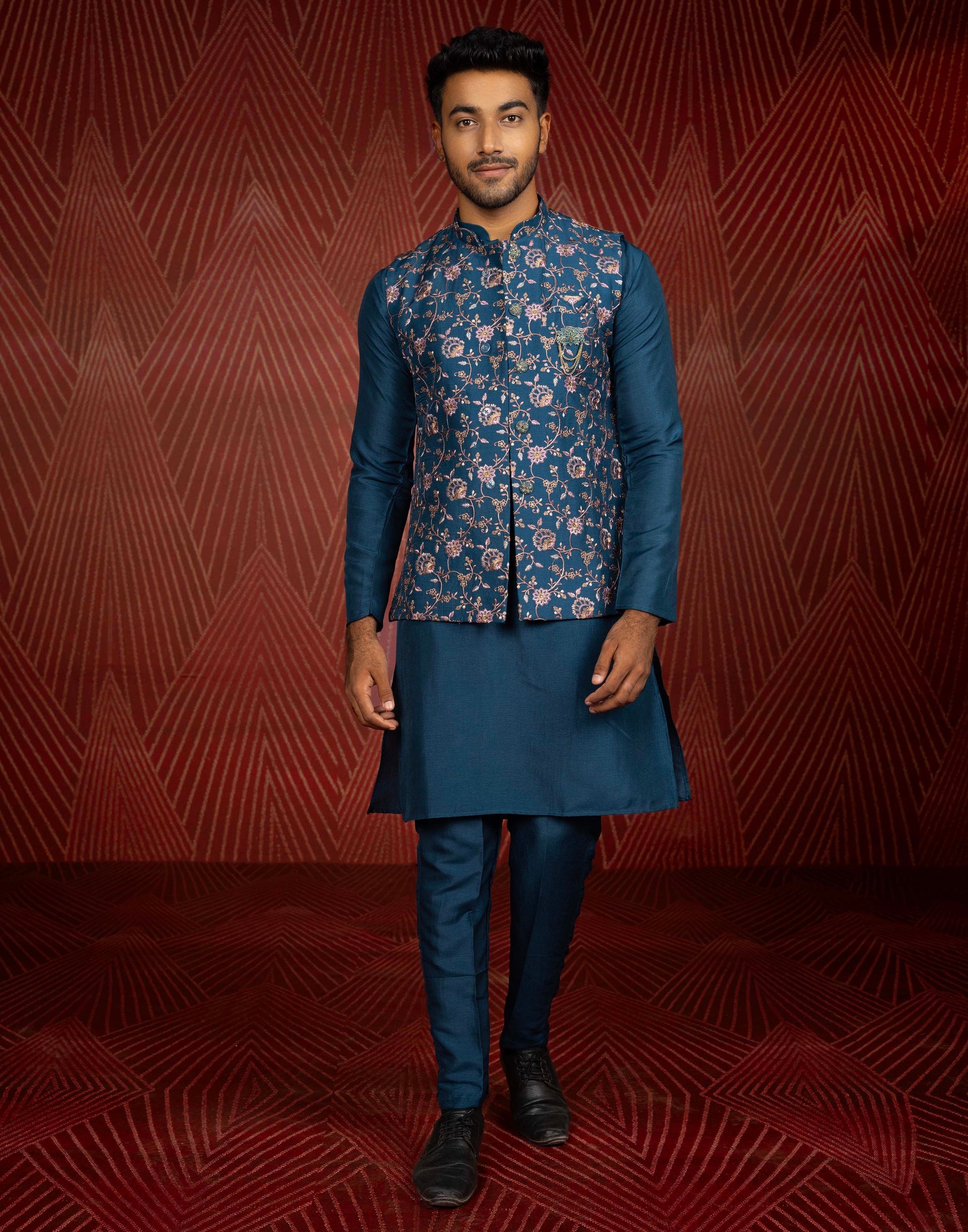 Floral Design Teal Blue All Over Embroidery Work Jacquard Kurta Jacket Set