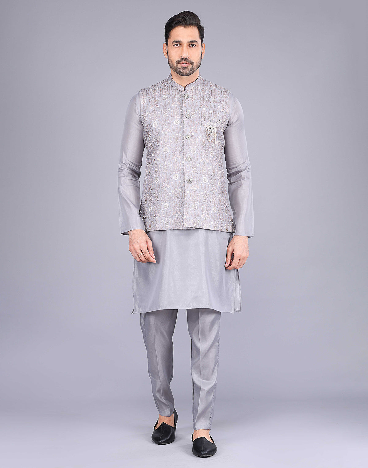 Light Grey All Over Floral Design Embroidery Work Kurta Jacket Set