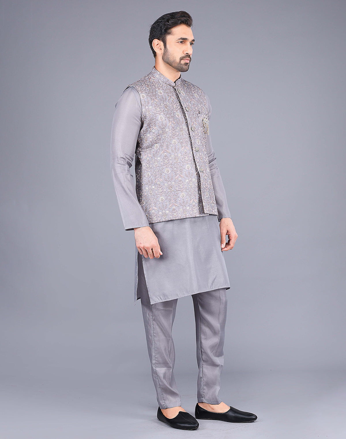 Collection of Light Grey All Over Floral Design Embroidery Work Kurta Jacket Set in a gallery layout