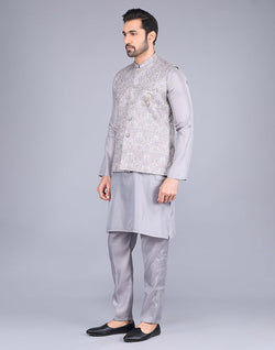 Collection of Light Grey All Over Floral Design Embroidery Work Kurta Jacket Set in a gallery layout